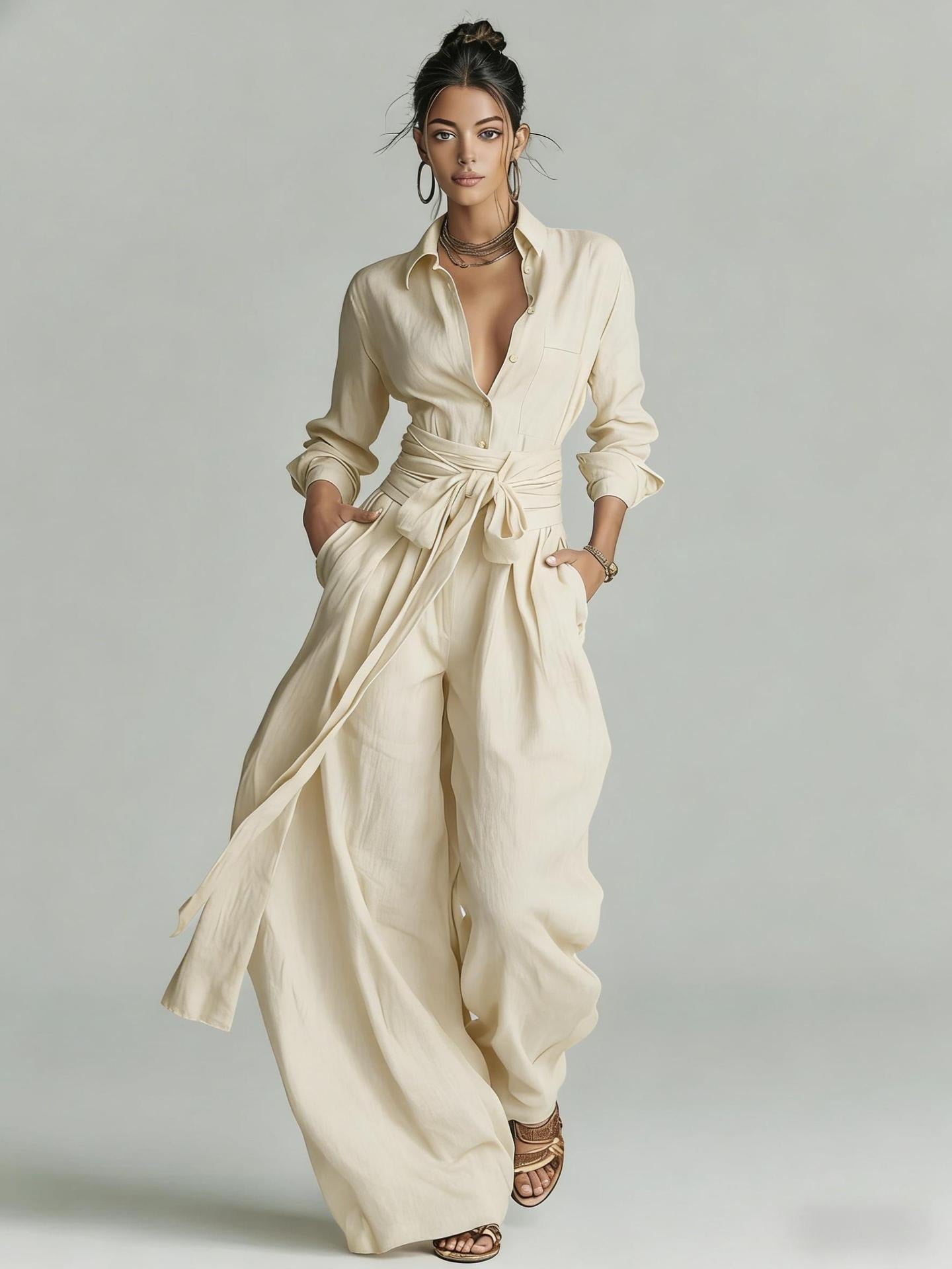 Women Solid Color Long Sleeve Button Down Shirt and Pants Set