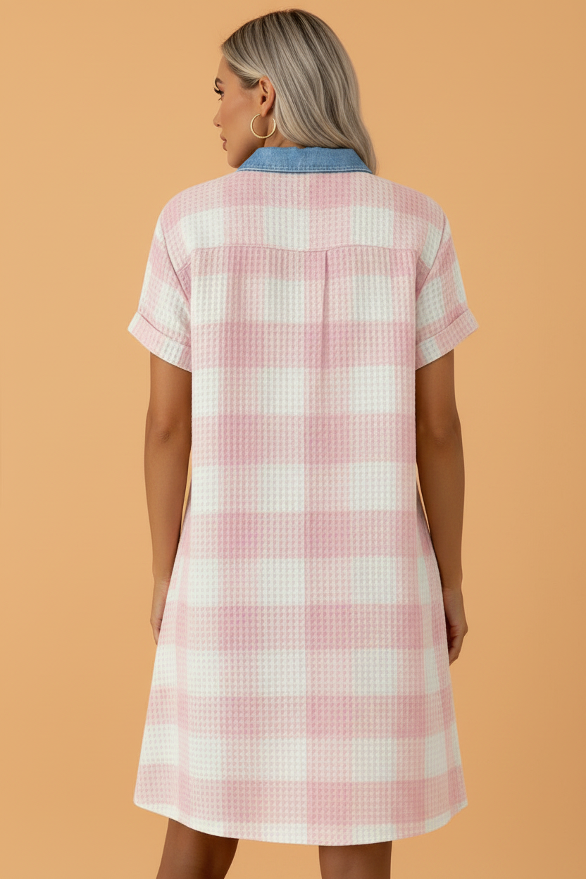 Plaid Contrast Denim Collared T-Shirt Mini Dress - Pink/White