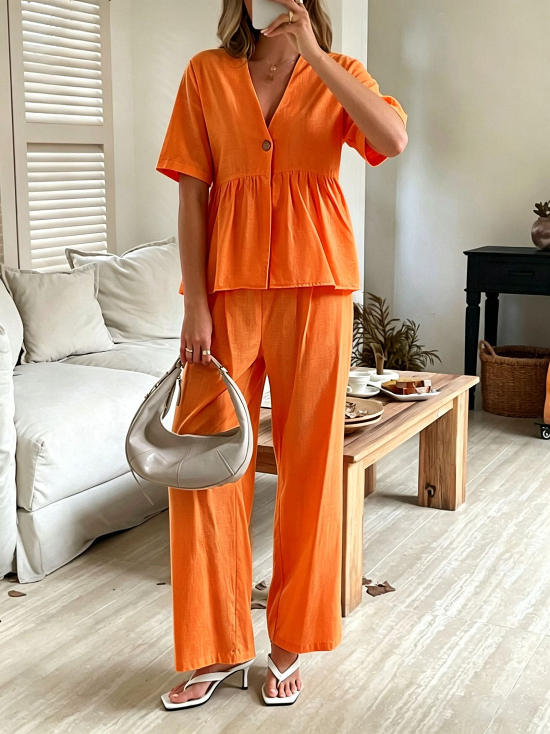 Women's V-Neck Peplum Top and Wide-Leg Pants Two Piece Set - Image 12
