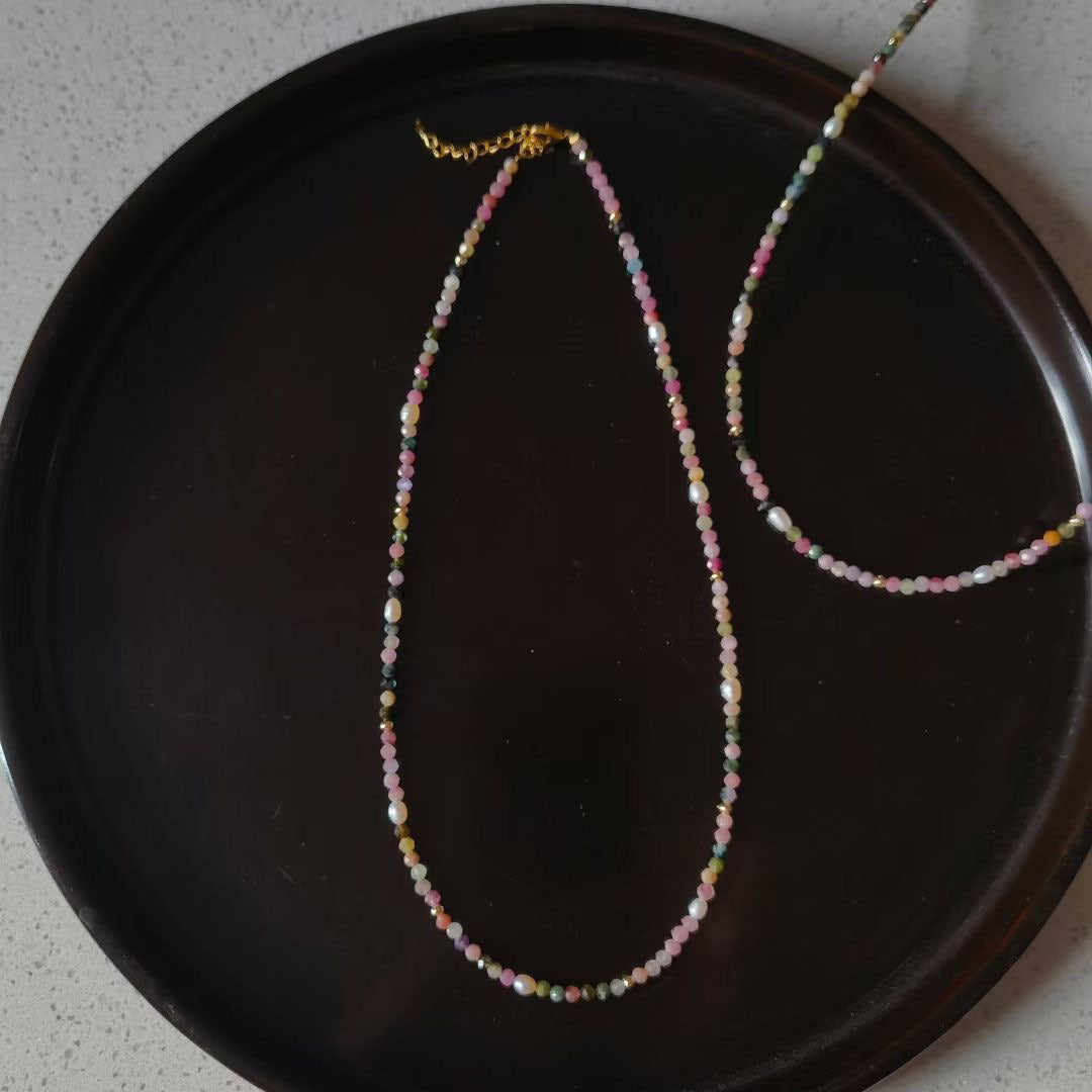 Natural Tourmaline and Freshwater Pearl Beaded Choker Necklace