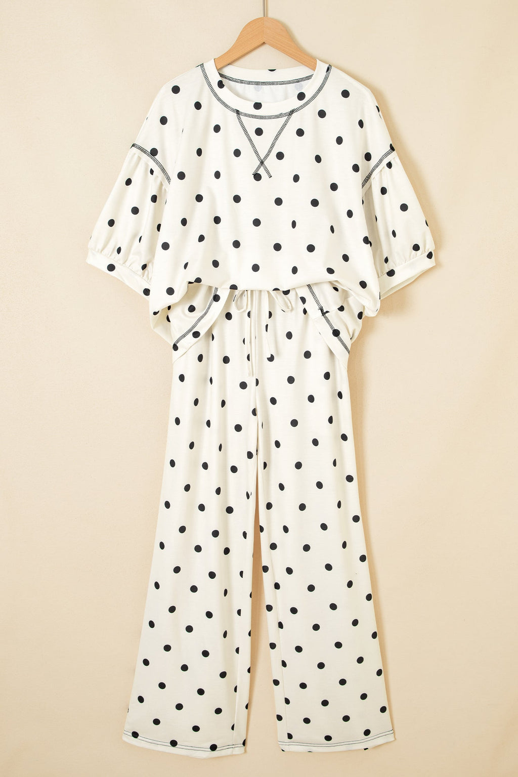 Black Polka Dot Half Sleeve Loose Top Elastic Waist Casual Pants Set