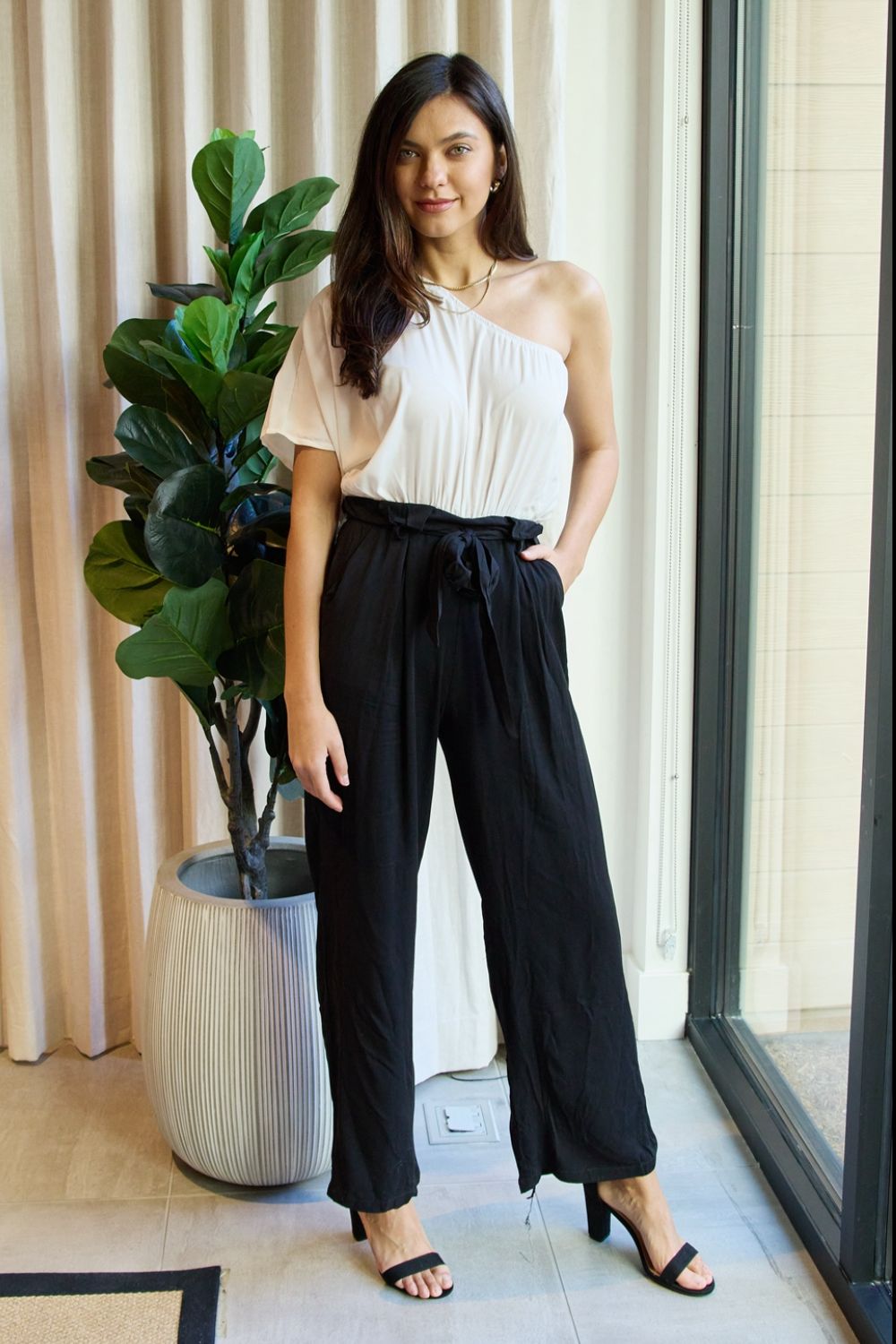One-Shoulder Jumpsuit White Black Two-Tone Long Sleeve