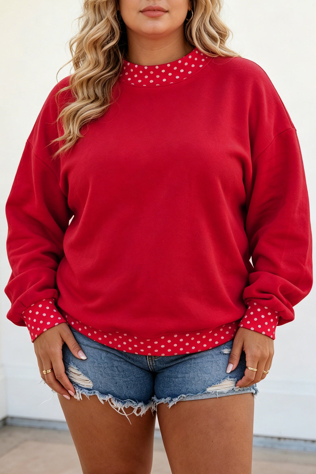 Racing Red Polka Dot Patchwork Round Neck Plus Size Sweatshirt