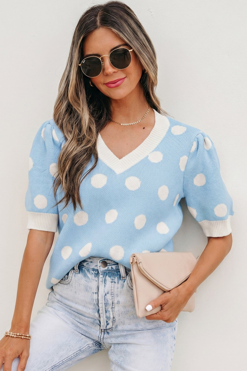 Rivka Puff Short Sleeve Sweater – Polka Dot V-Neck Knit Top