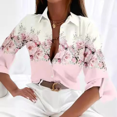 Women’s Printed Long-Sleeve Button-Up Blouse with Lapel Collar