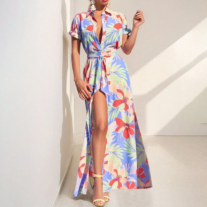 Floral printed A-line long dress with lapel collar and side split