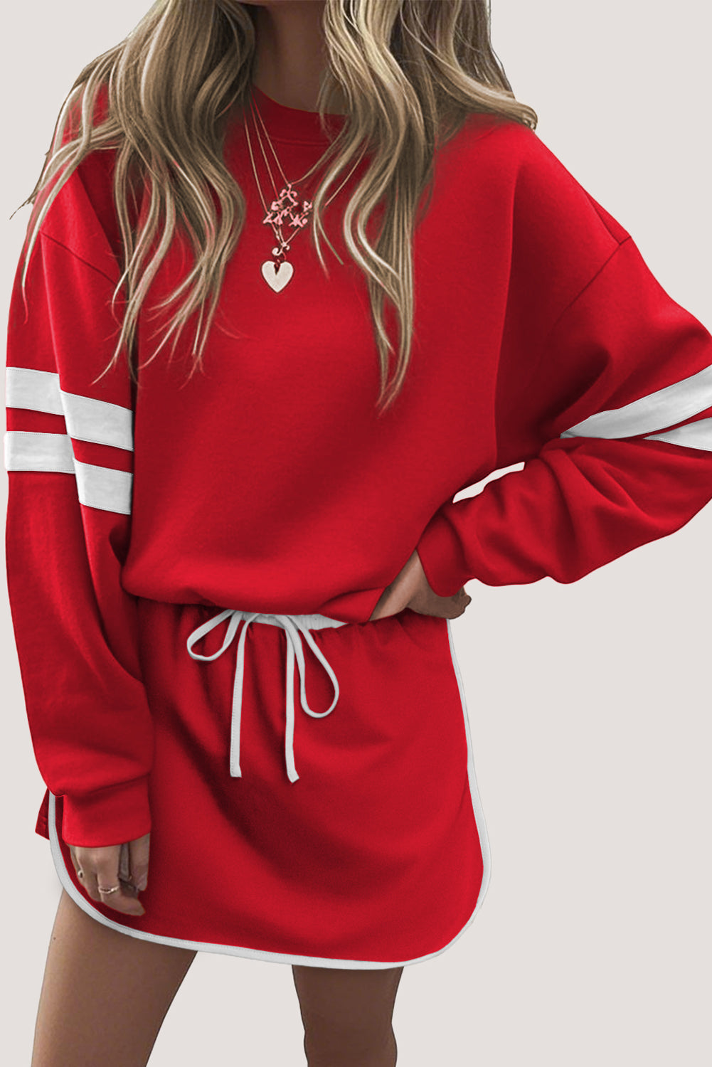 Black Varsity Stripe Detail Drop Shoulder Pullover Mini Skirt Set