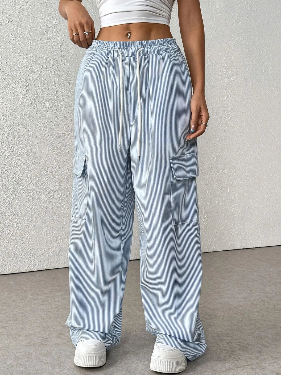 Drawstring Striped Wide Leg Cargo Pants