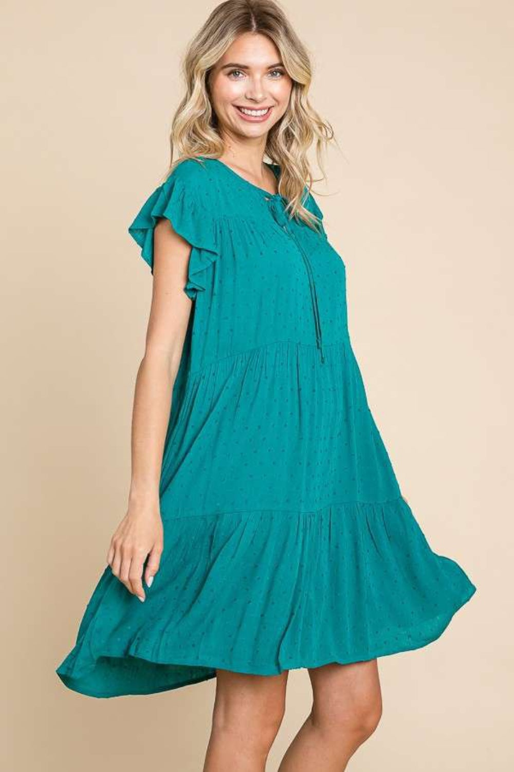 Teal Green Ruffle Cap Sleeve Tiered Midi Dress