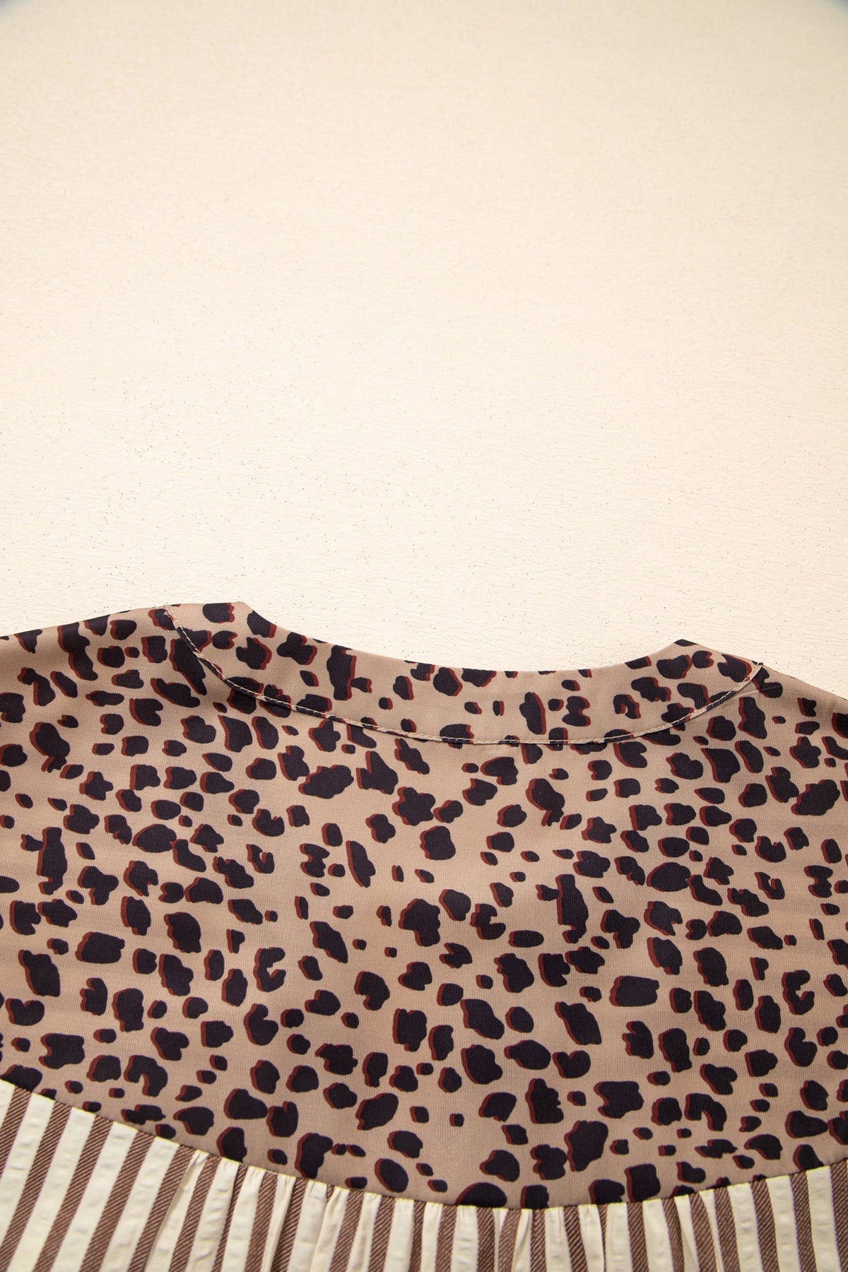 Stripe Leopard Trim 3/4 Sleeve Midi Shirt Dress