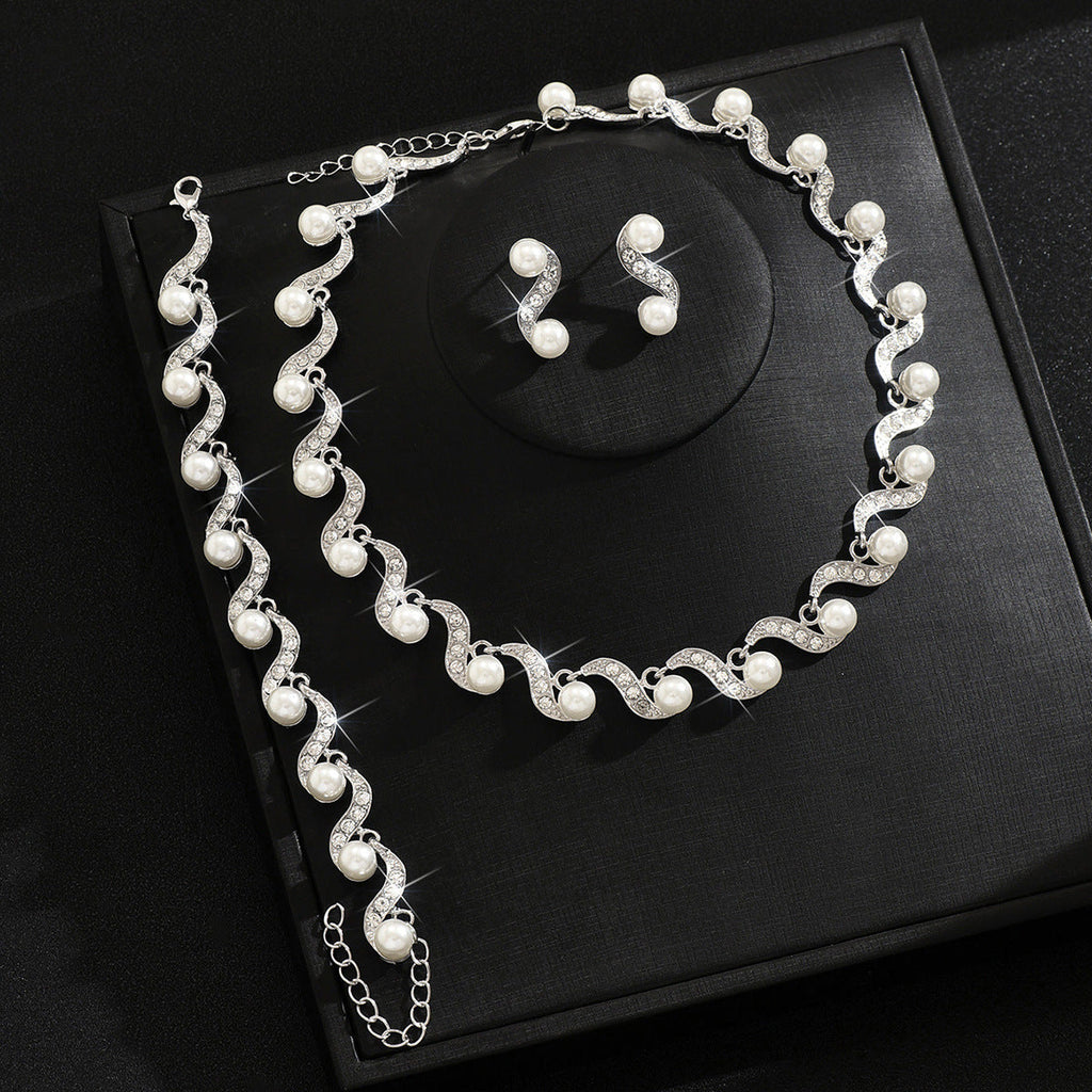 Women 3 Pcs Rhinestone Pearl Jewelry Set,Necklace Earrings Bracelet,Elegant Bridal Costume Accessories For Wedding Banquet Party Occasion