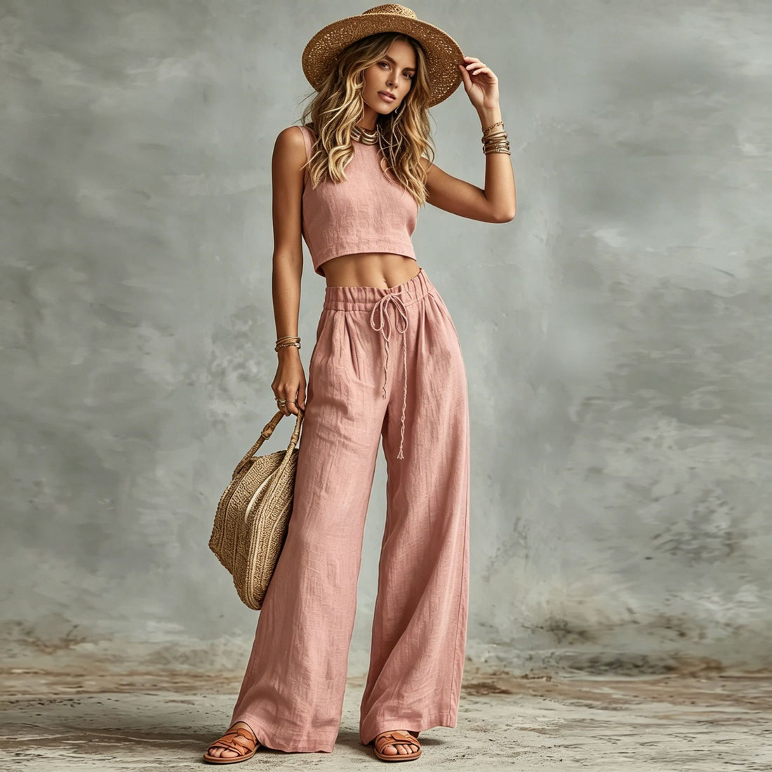 Rust Sleeveless Crop Vest and High-Waist Wide-Leg Pants Set - Image 8