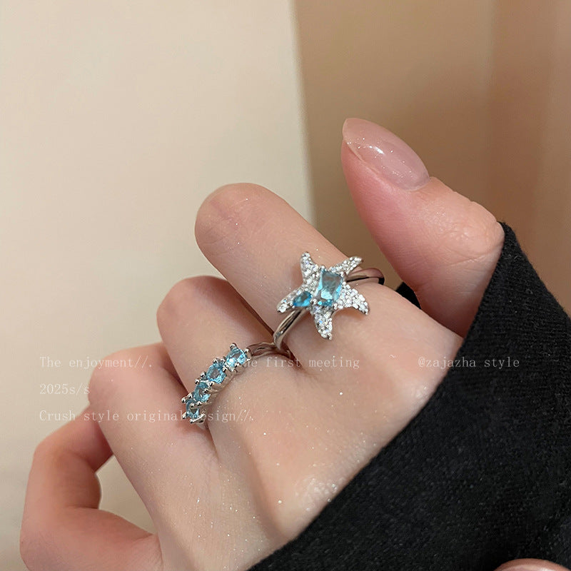 Blue Star Zircon Ring For Women, Luxury Niche High-End Index Finger Ring, Fashion Stackable Adjustable Band