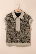Plus Size Leopard Patchwork Ribbed Zip Up Collar Top