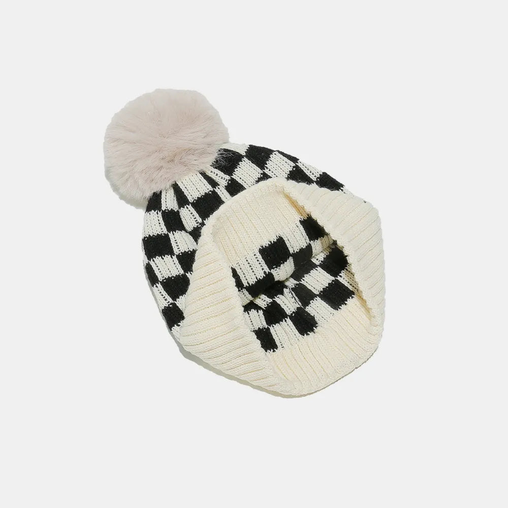 Checkered Knit Beanie with Pompom | Soft Acrylic Winter Hat