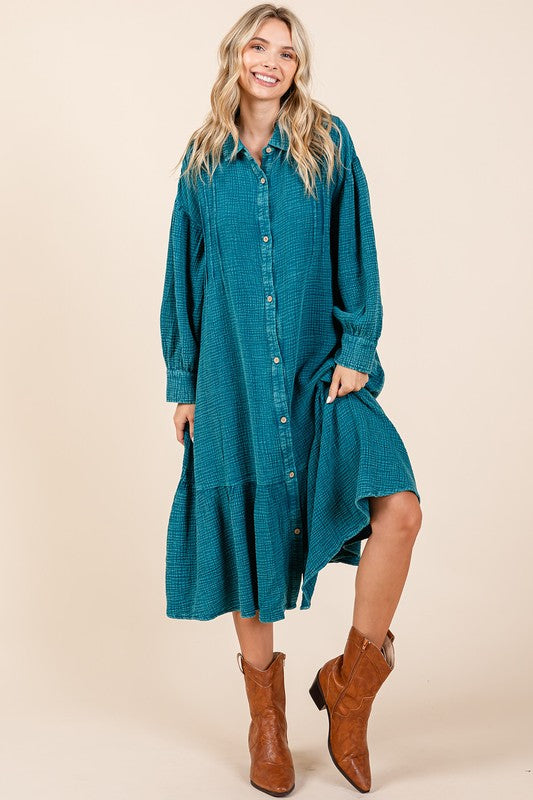 Bohemian style cotton gauze midi shirt dress with ruffle accents in a mineral wash Teal finish.