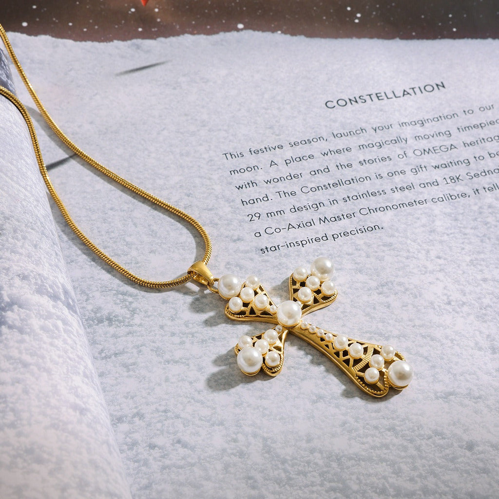 18K gold cross inlaid pearl design exquisite noble necklace