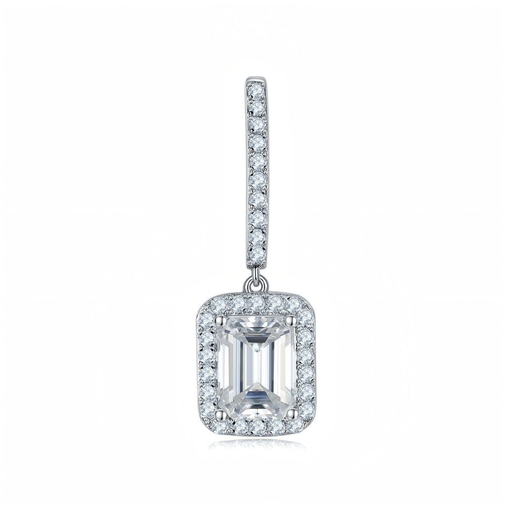 Emerald Cut Moissanite Halo Hoop Earrings in S925 Sterling Silver