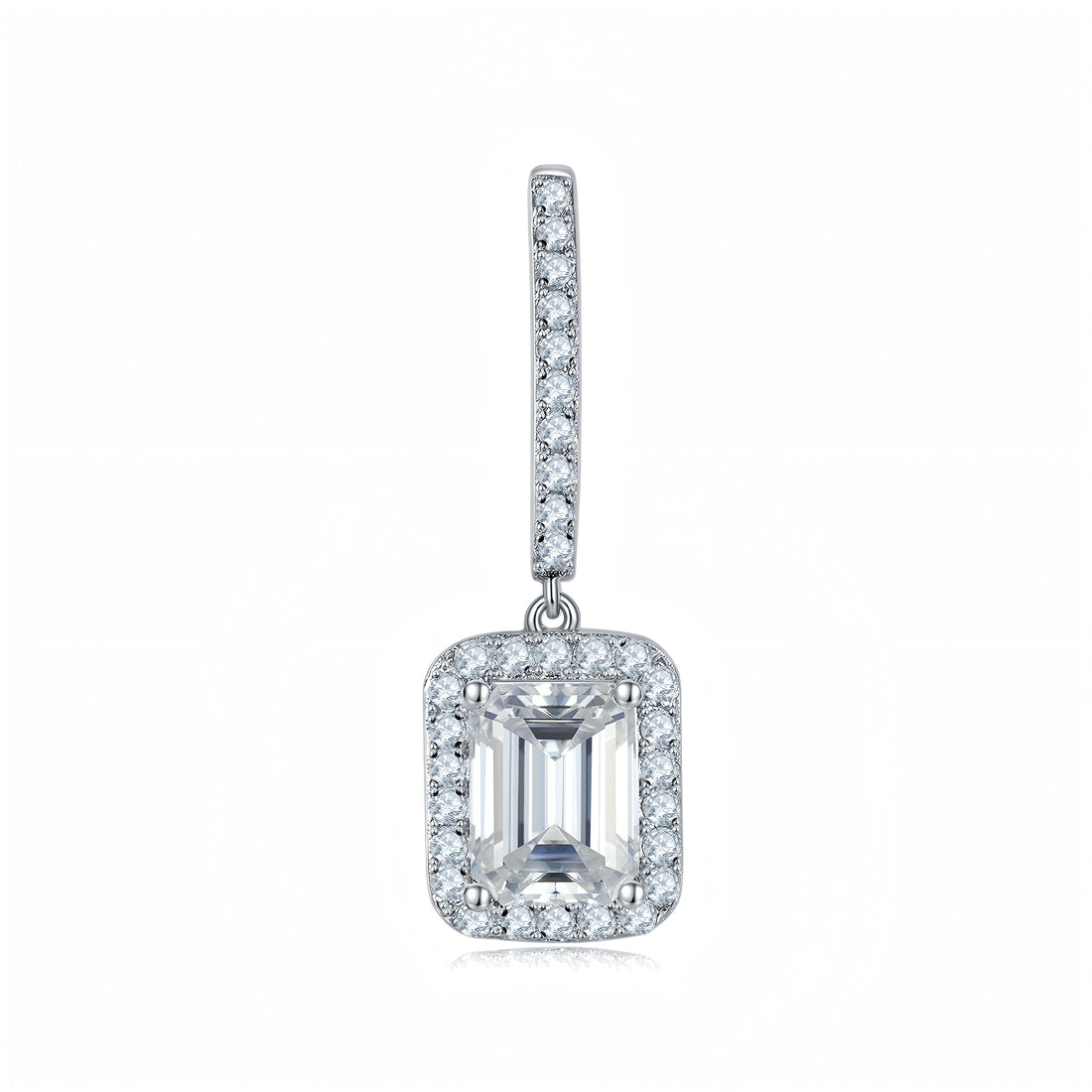 Emerald Cut Moissanite Halo Hoop Earrings in S925 Sterling Silver
