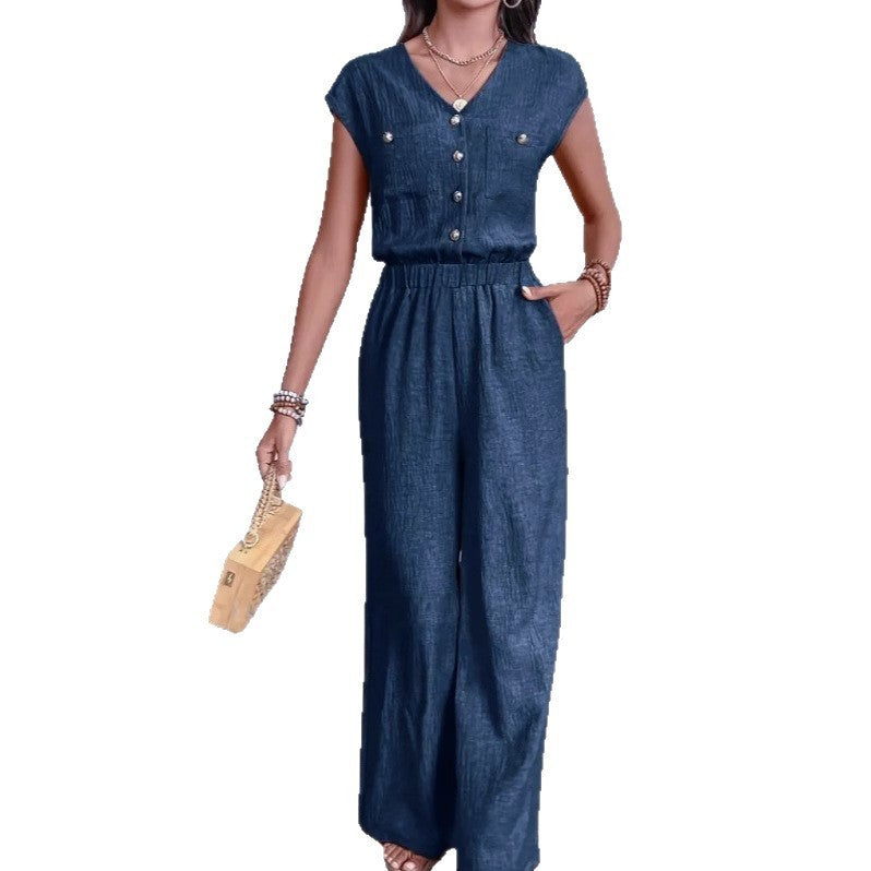 Navy Blue V-Neck Jumpsuit with Buttons & Elastic Waist