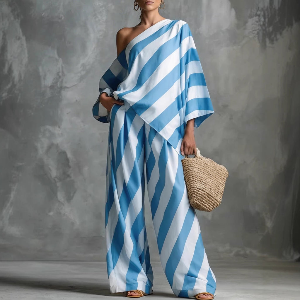 Women's Striped One-Shoulder Top and Wide-Leg Pants Set - Image 5