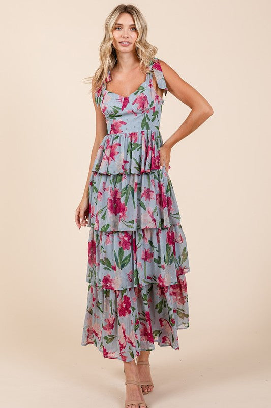 Layered Floral Sweetheart Neck Maxi Dress for Women