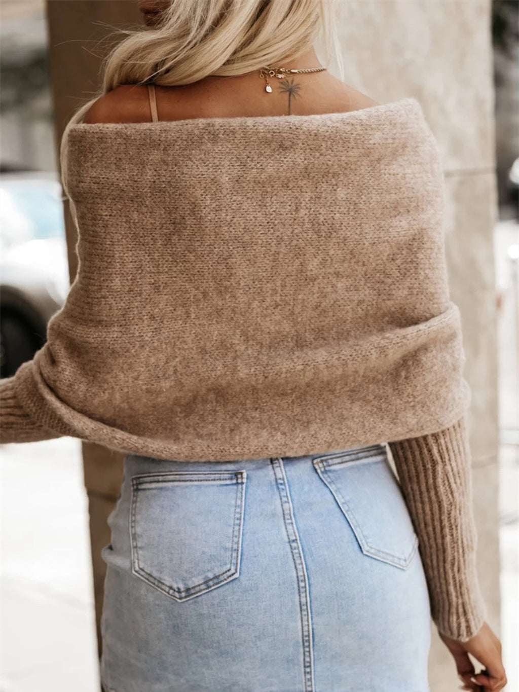 Taupe Wrap Front Cropped Knit Top Long Sleeve Sweater - Image 3