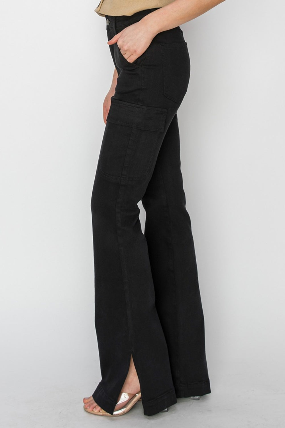 RISEN High Rise Side Slit Cargo Bootcut Jeans Black