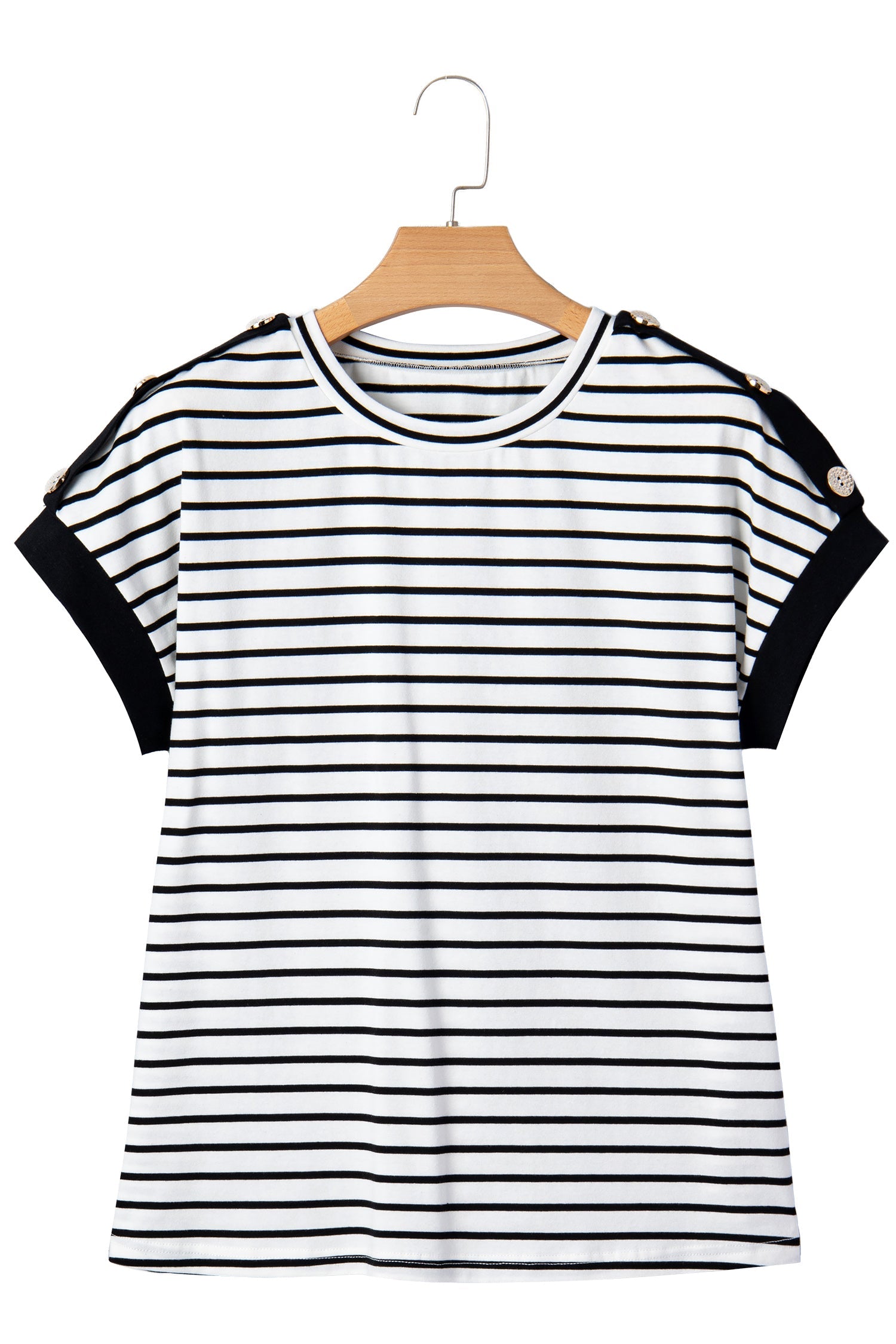 Stripe Buttoned Shoulder Cuffed Short Sleeve Tee