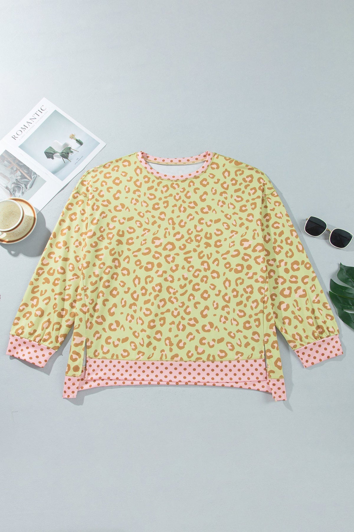 Plus Size Leopard Polka Dot Trim Long Sleeve Top