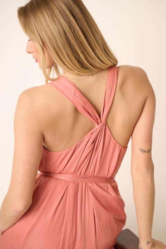Cross Back Belted V Neck Tank Maxi Dress for Elegant Events