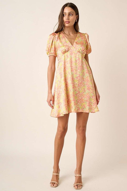 Floral V-Neck Puff Sleeve Mini Dress - Fashion-Forward Satin