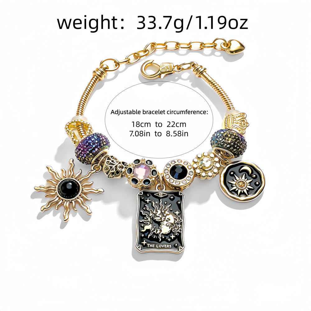Retro Black-and-Gold Tarot Lovers Card Beaded Bracelet