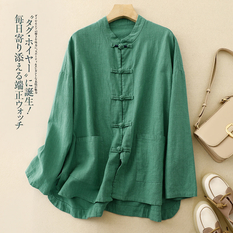 Women’s Retro Chinese Style Cotton and Linen Loose Mandarin Top - Image 2