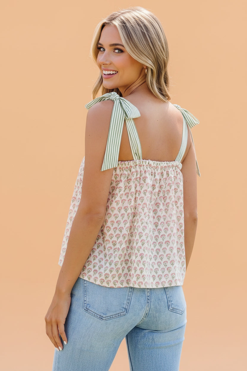 Floral Stripe Patchwork Babydoll Tank Top with Tie Straps