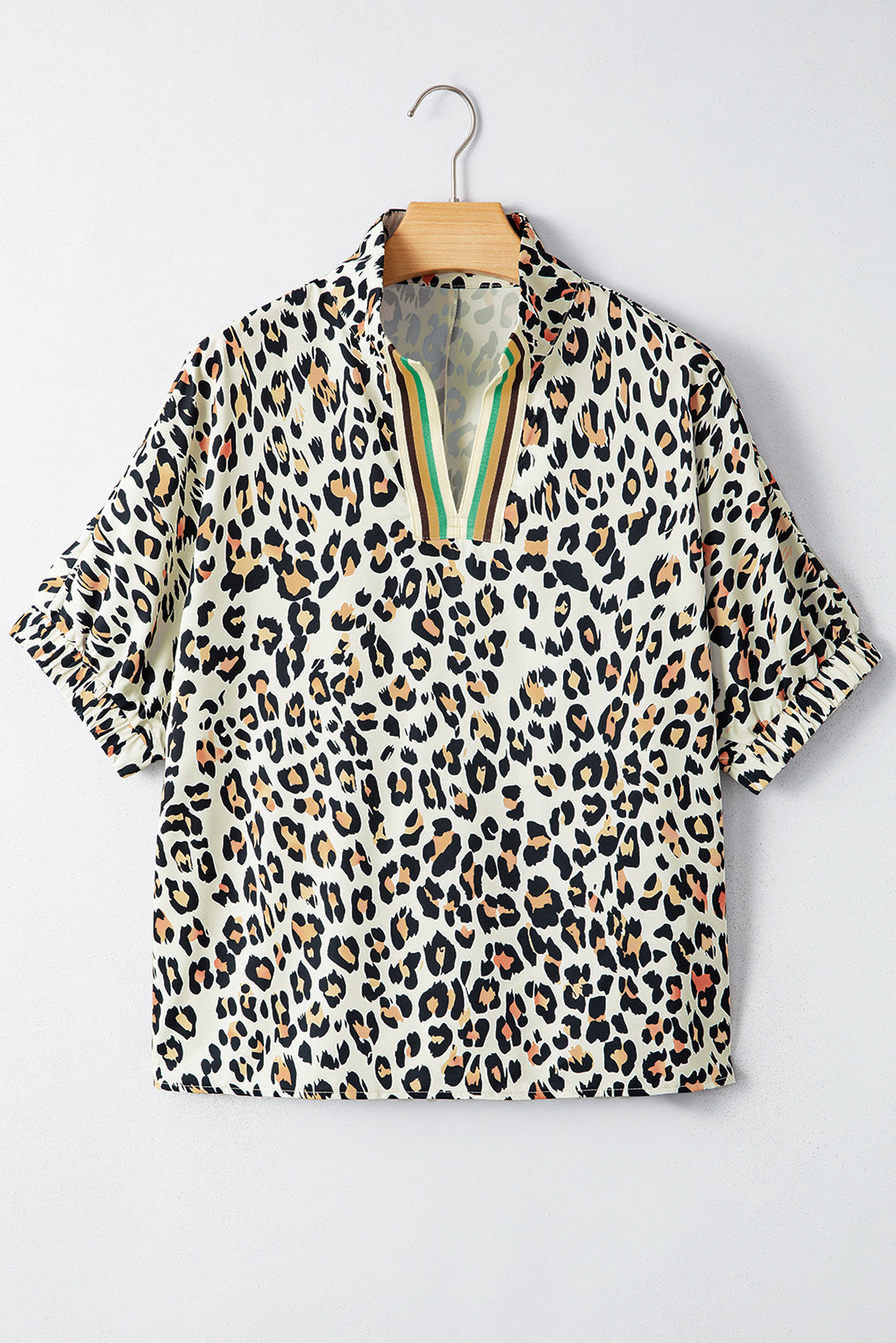 Leopard Colorblock Contrast V-Neck Loose Blouse