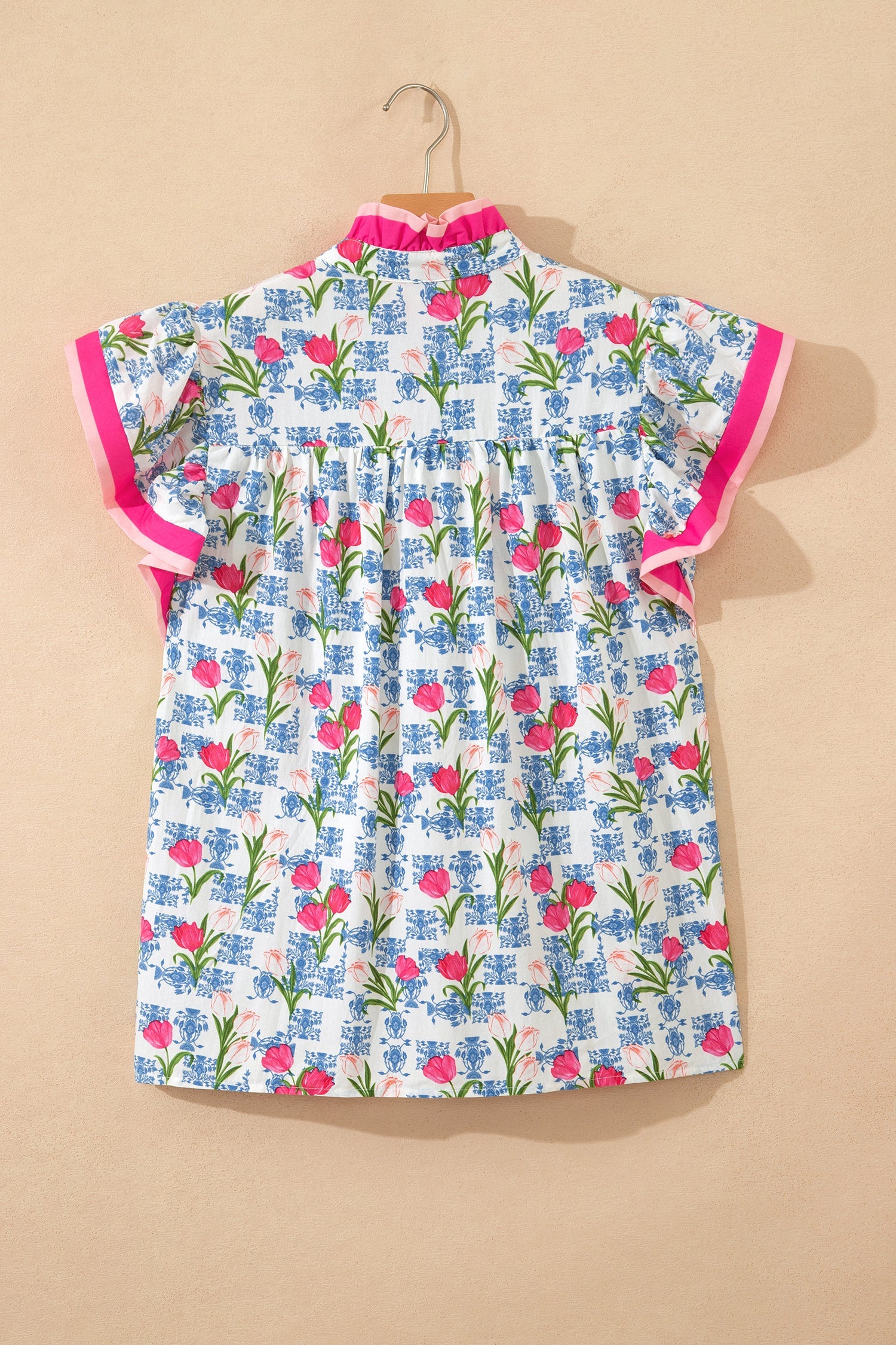 Aya Flutter Sleeve Half Blouse in White, Pink, and Blue