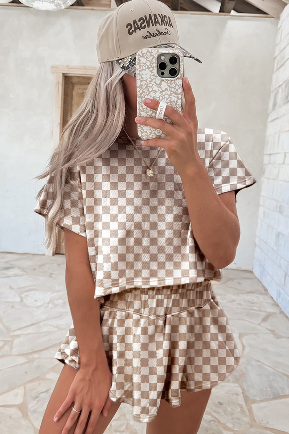 Brown Checkerboard T Shirt and High Waist Skorts Set