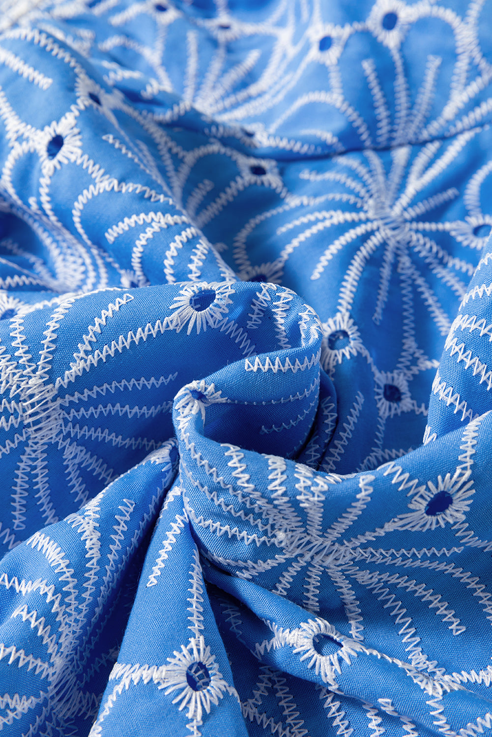 Eyelet Flower Embroidery Puff Sleeve Blouse in Sky Blue