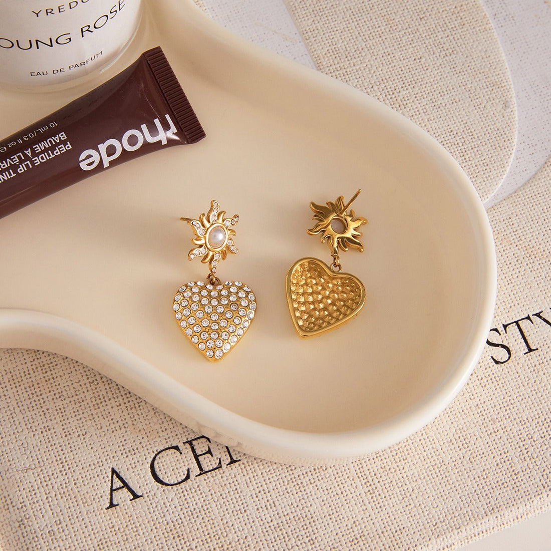 18K Gold-Plated Heart Pearl Stud Earrings with Rhinestone Accents