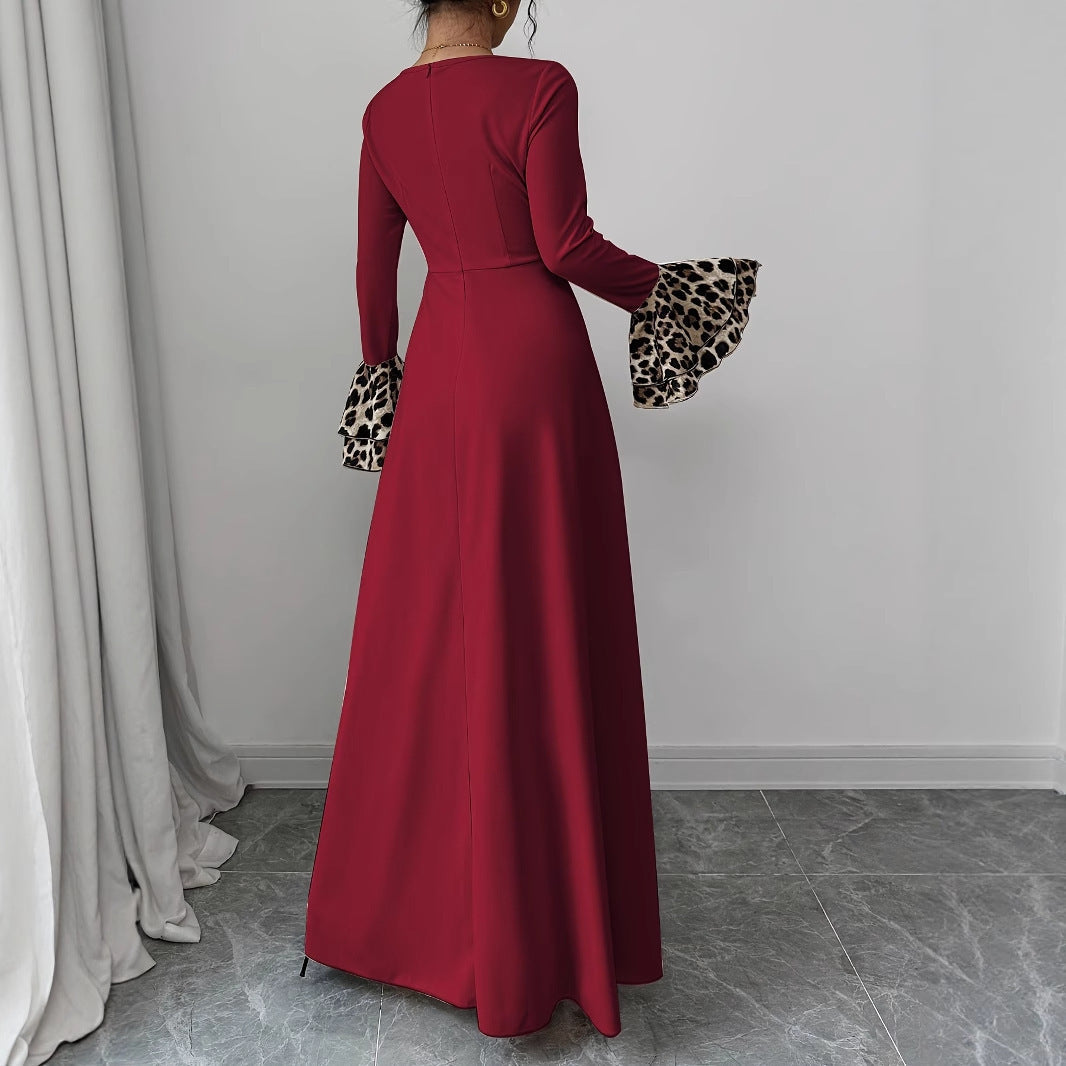 Burgundy Leopard Print Long Dress with Bell Sleeves