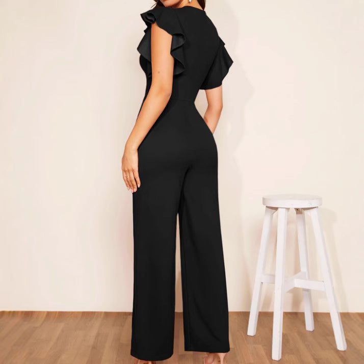 Women's High-Waist Ruffle Trim Jumpsuit in Black and Red - Image 3