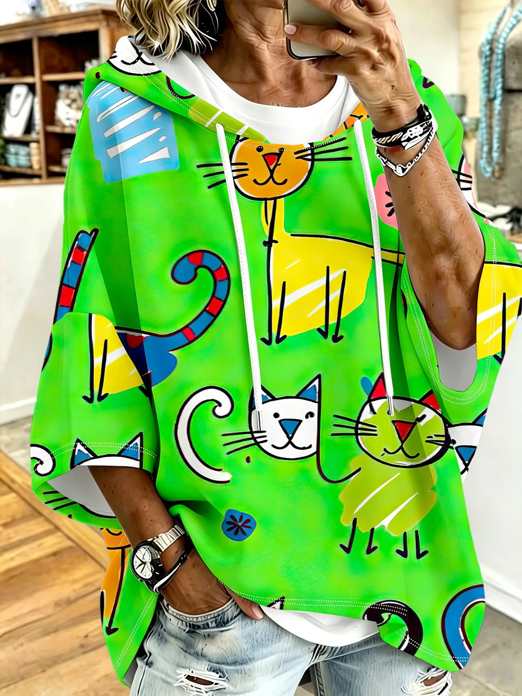 Cartoon Cat Print Hoodie with 3/4 Sleeves & Drawstring