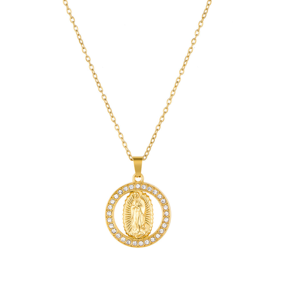 Virgin Mary Pendant Necklace with Rhinestone Inlay in Stainless Steel