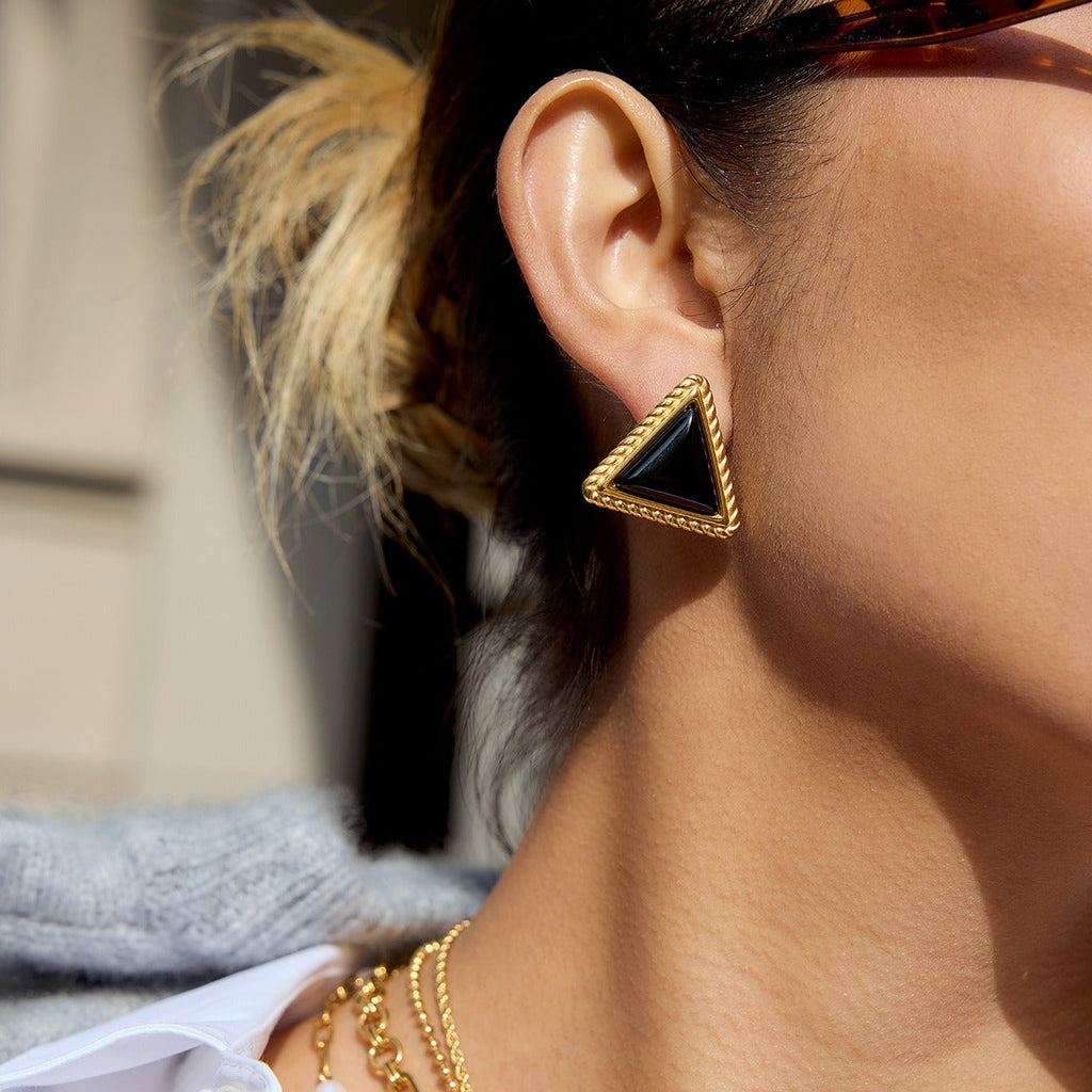 18K Gold Triangle Black Onyx Stud Earrings Geometric Design