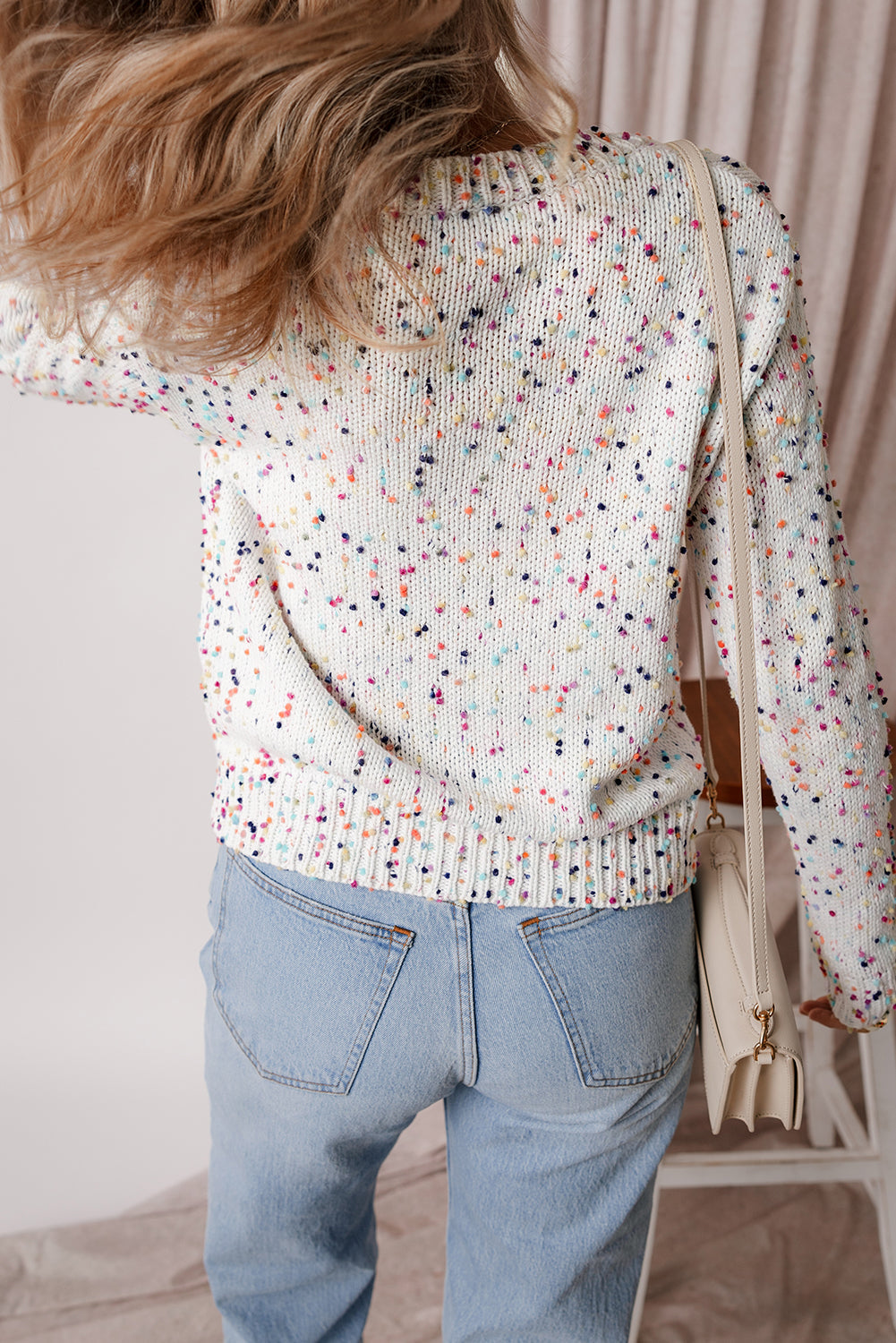 White Rhinestone Confetti Button-Front Cardigan Sweater - Image 2