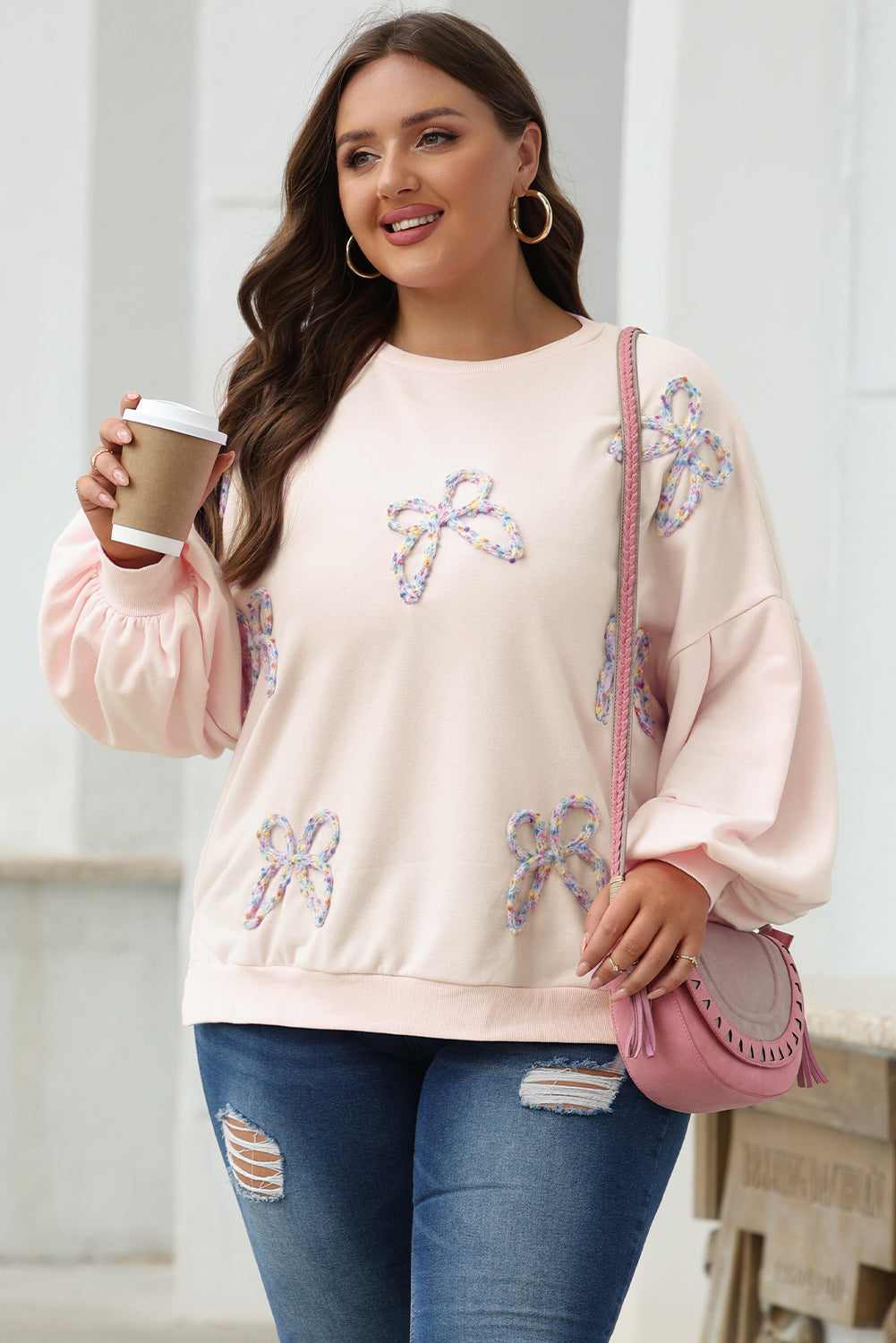 Parchment Embroidered Bow Lantern Sleeve Oversized Sweatshirt