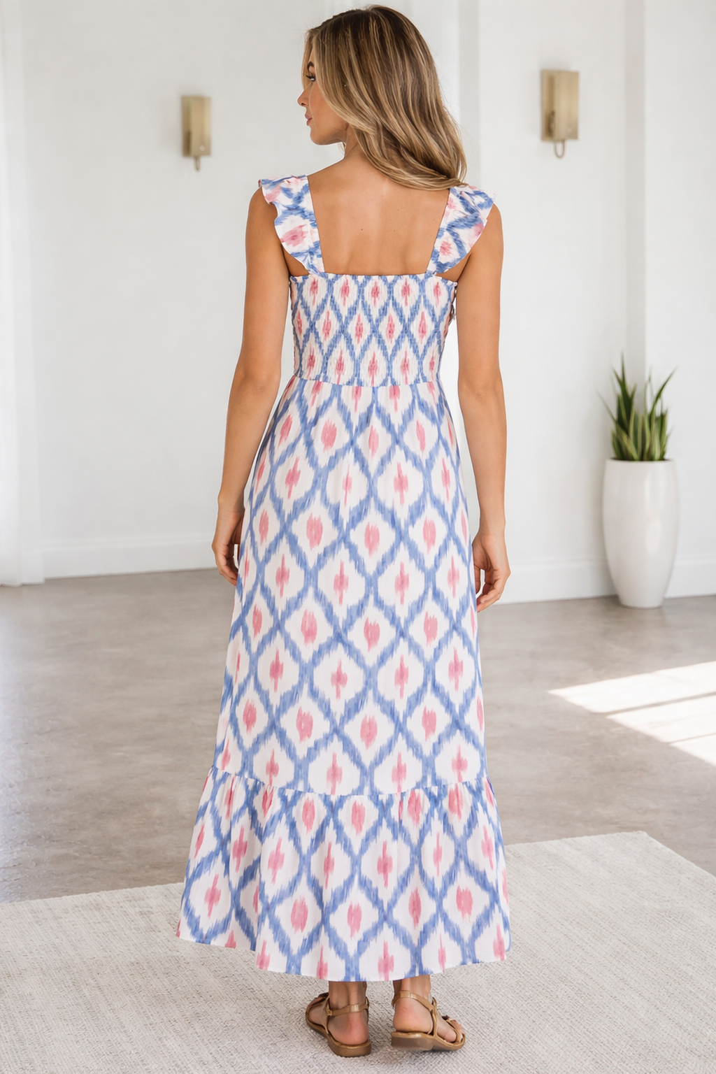 Ruffle Sleeve Boho Mini Dress Abstract Pattern Square Neck