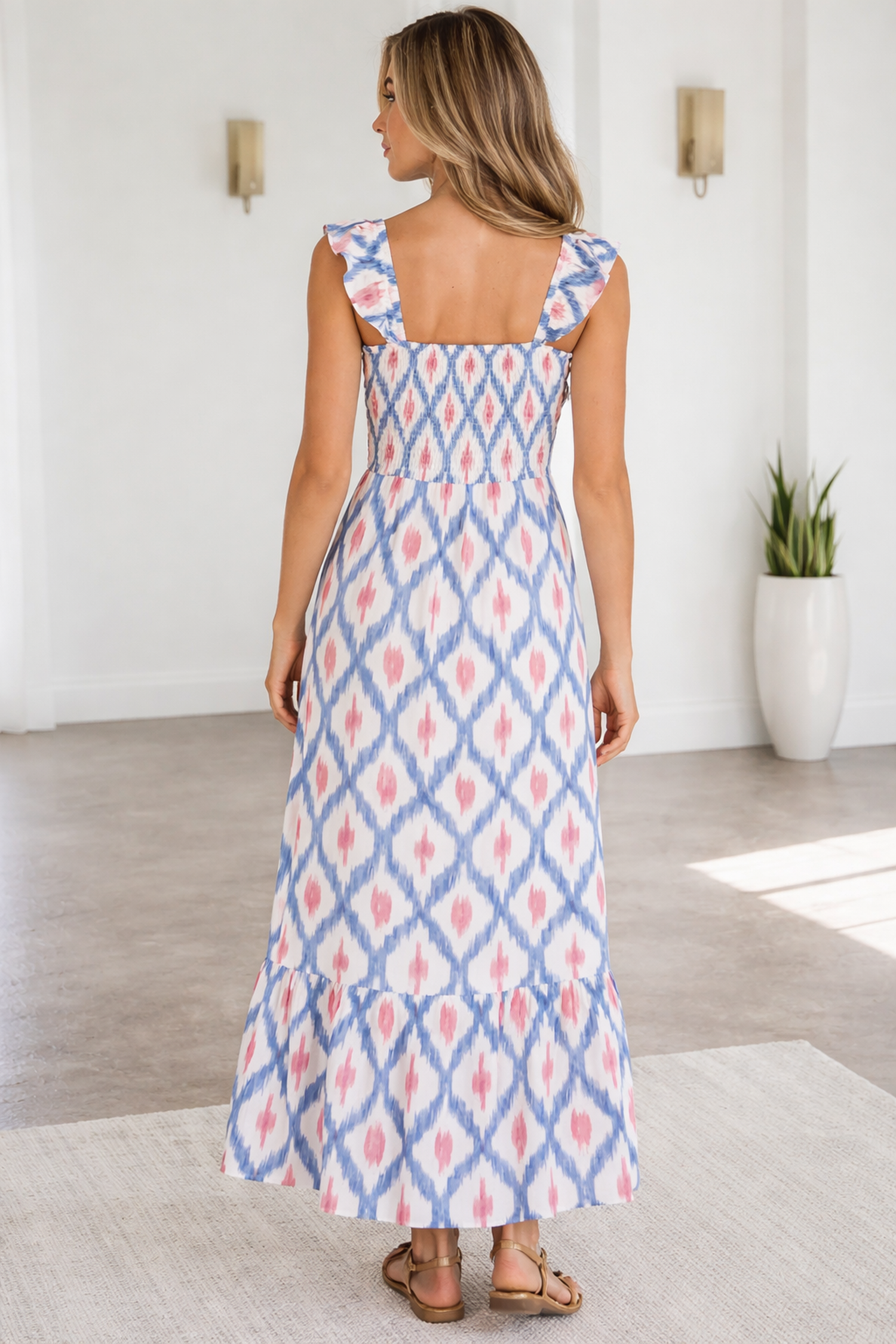 Ruffle Sleeve Boho Mini Dress Abstract Pattern Square Neck