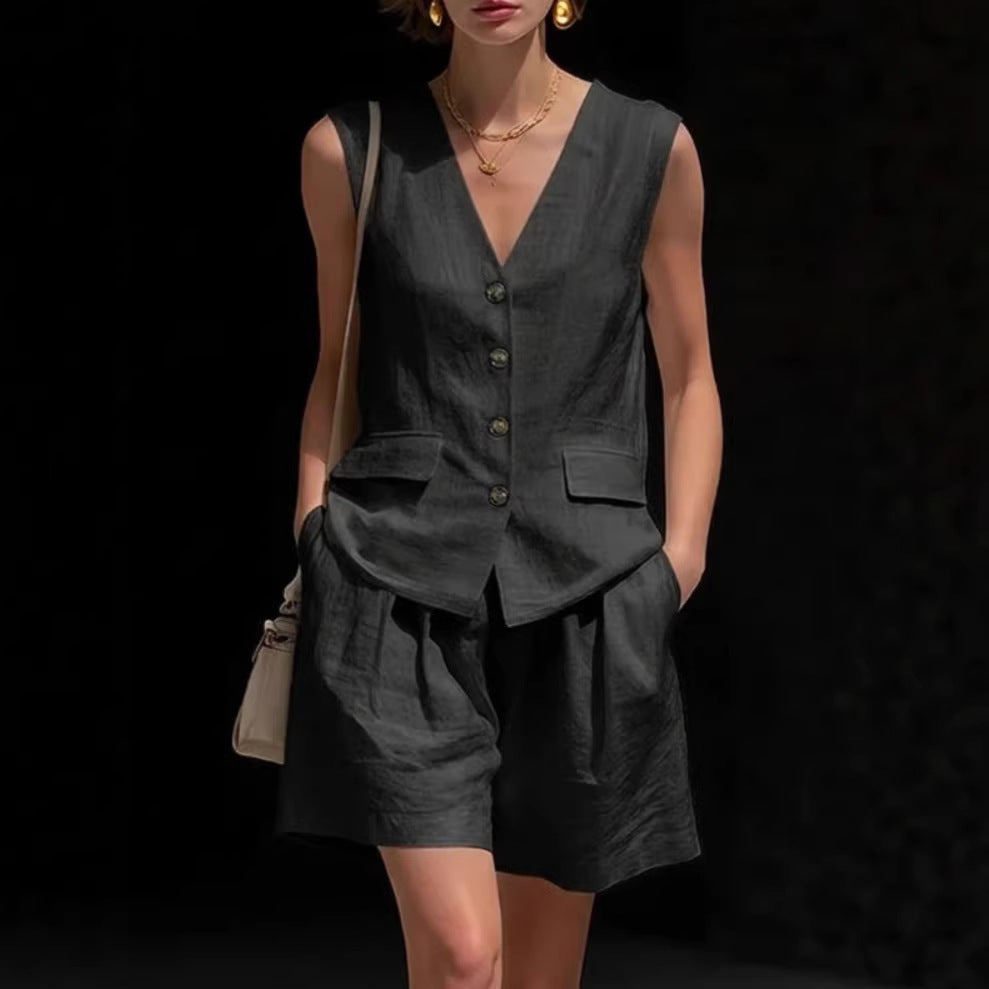 Women Cotton Linen Sleeveless Button Vest and Shorts Set - Image 3